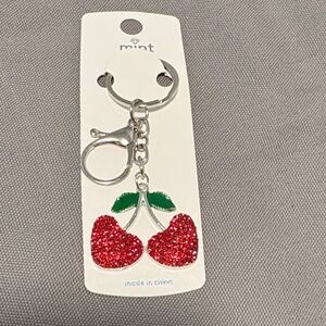 New Silver Heart Red Cherry Keychain Bag Charm With Rhinestones